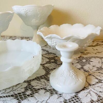 Lot 37 Group White Milk Glass Grape Pattern 6pcs FireKing Bowl Compotes