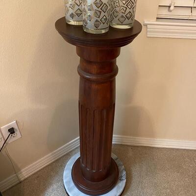 Vintage wood pedestal plant stand with marble base 