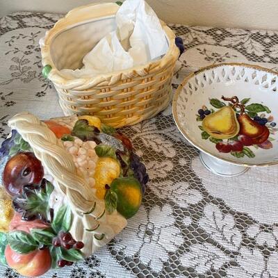 Lot 51 Group Kitchen Ceramics Rooster Pitcher + Fruit Basket Cookie Jar + Royal Worcester