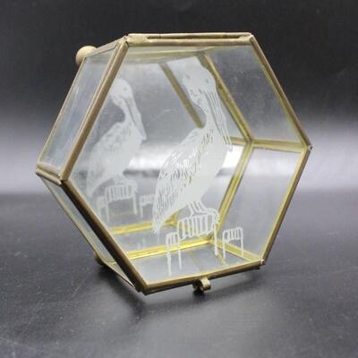 Vintage Hexagon Glass Jewlery Box w/ Engraved Pelican