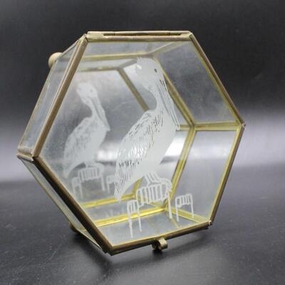 Vintage Hexagon Glass Jewlery Box w/ Engraved Pelican