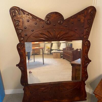 Antique tiger oak ornate beveled mirror. See description 