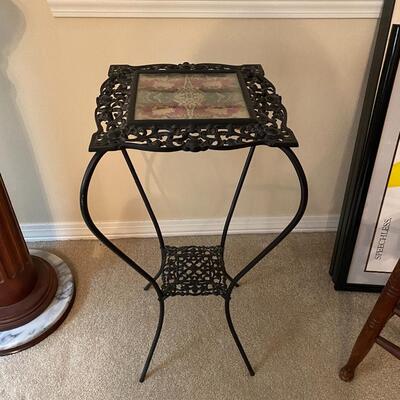Unique vintage iron plant stand with tapestry insert