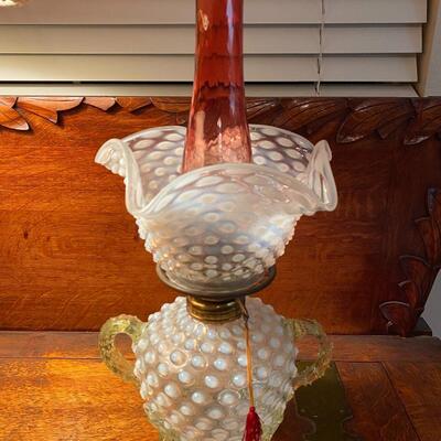 Stunning antique Victorian opalescent hobnail oil lamp with fluted shade