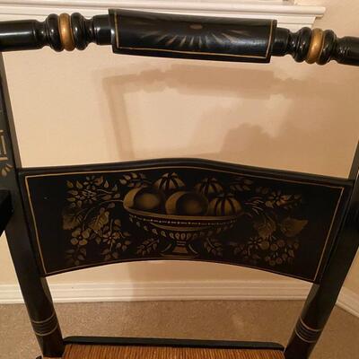 Fabulous vintage Hitchcock black stenciled armchair with rush seat