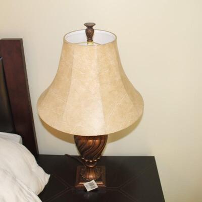 Pair contemporary copper color base table lamps