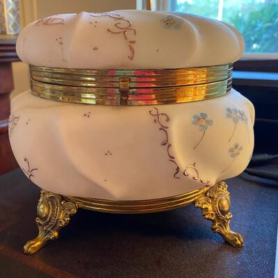 Antique Victorian Wave Crest swirled satin milk glass hand painted footed dresser box