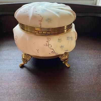 Antique Victorian Wave Crest swirled satin milk glass hand painted footed dresser box