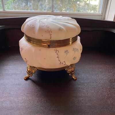 Antique Victorian Wave Crest swirled satin milk glass hand painted footed dresser box