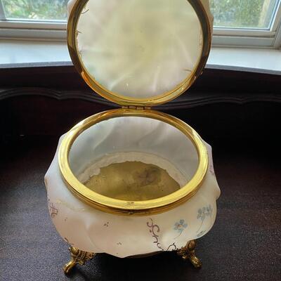 Antique Victorian Wave Crest swirled satin milk glass hand painted footed dresser box