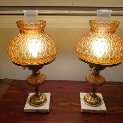 Pair of vintage electric â€œoilâ€ lamps on marble base 