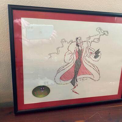 Signed and Framed Pen & Ink of Cruella Deville with Disney Stamp