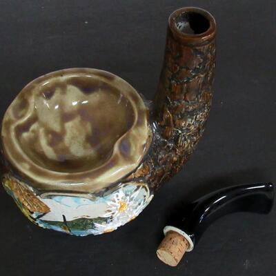 Old Heavy Pottery Booze Bottle Ashtray Shaped Like a Pipe, Handle Removes For Booze 