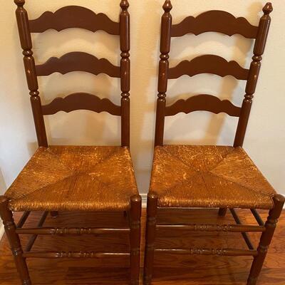 Pair of Vintage French Wooden Ladder Back Rush Seat Chairs
