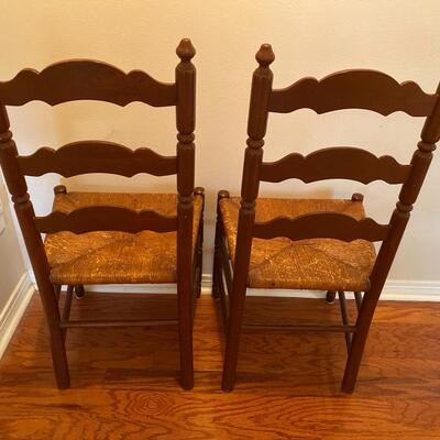 Pair of Vintage French Wooden Ladder Back Rush Seat Chairs