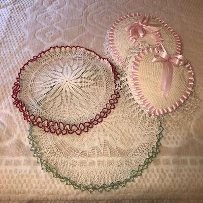 Lot 80 Group 4 Crocheted Pillows and Doilies Starched Ruffles 