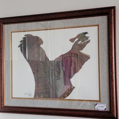 Native American with Sparrow Framed and Signed