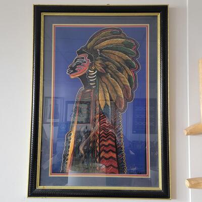 Native American with Headdress Framed & Signed Print by Charles Bibbs