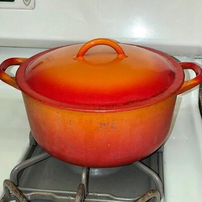Lot 96 Descoware Cast Iron Enamel Covered Pot / Dutch Oven Flame Orange Belgium 