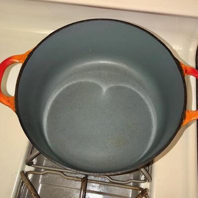 Lot 96 Descoware Cast Iron Enamel Covered Pot / Dutch Oven Flame Orange Belgium 