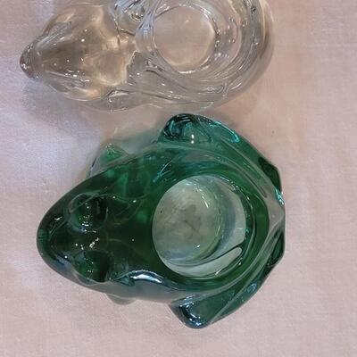 Lot 4: Green Glass Frog & Clear Glass Bunny Candleholders