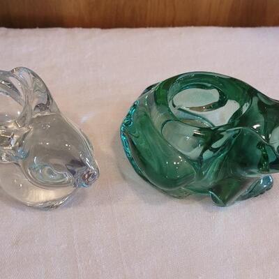 Lot 4: Green Glass Frog & Clear Glass Bunny Candleholders