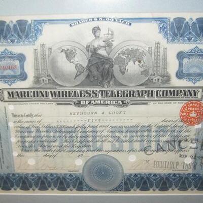 Lot 128 MS Framed Vintage Stock Certificate Marconi Wireless 1920