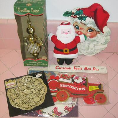 Lot 135 MS Group Vintage Christmas Tree Topper Doilies House Hatten Santa Mail Box