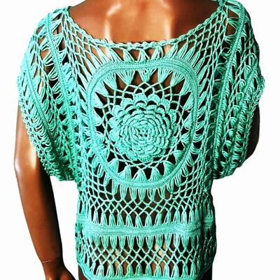 Vtg Open Crochet Boho Top Dolman sleeves 