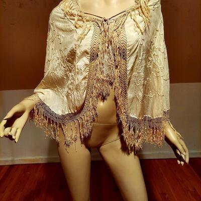Antique Edwardian 1920 silk and Embroidered Cape Shawl w/Fringes & Tassels