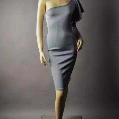 Vtg one shoulder Body Con Gray dress Sculptural ribbon Bow