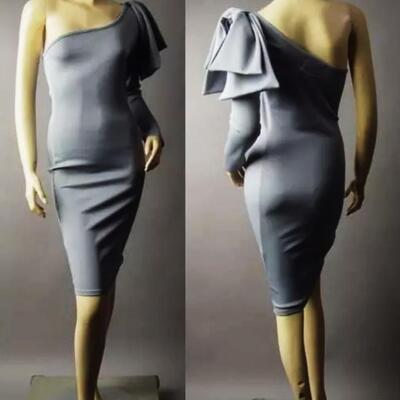 Vtg one shoulder Body Con Gray dress Sculptural ribbon Bow