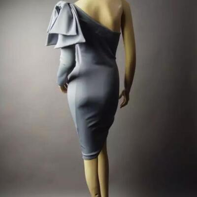 Vtg one shoulder Body Con Gray dress Sculptural ribbon Bow