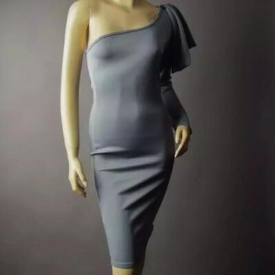 Vtg one shoulder Body Con Gray dress Sculptural ribbon Bow