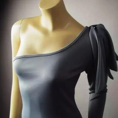 Vtg one shoulder Body Con Gray dress Sculptural ribbon Bow