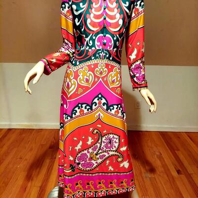 Vtg Britain St. Michael 1960's  Boho Chic Hostess Maxi colorful dress