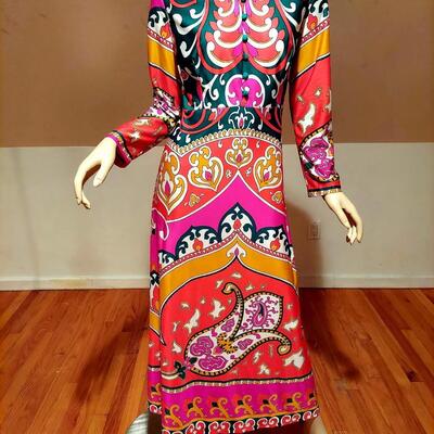Vtg Britain St. Michael 1960's  Boho Chic Hostess Maxi colorful dress