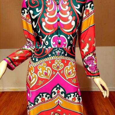 Vtg Britain St. Michael 1960's  Boho Chic Hostess Maxi colorful dress