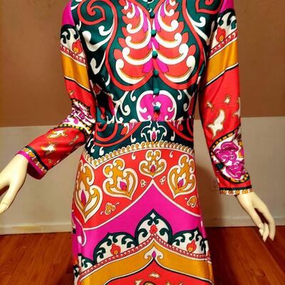 Vtg Britain St. Michael 1960's  Boho Chic Hostess Maxi colorful dress