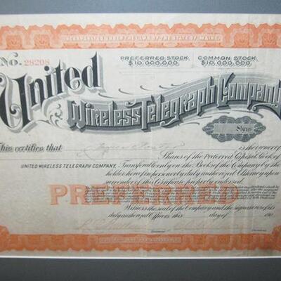 Lot 129 MS 2 Framed Stock Certificates Hoboken Ferry & United Wireless Telegraph
