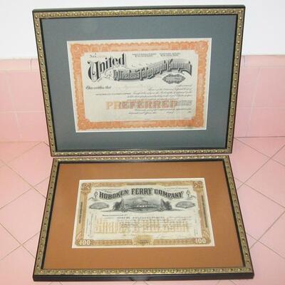 Lot 129 MS 2 Framed Stock Certificates Hoboken Ferry & United Wireless Telegraph