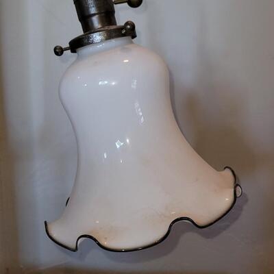 Lot 136: Antique Lamp with Milk Glass Ruffle Rim Shade with Black Ribbon Edge Detail 