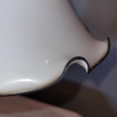 Lot 136: Antique Lamp with Milk Glass Ruffle Rim Shade with Black Ribbon Edge Detail 