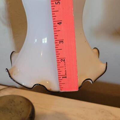 Lot 136: Antique Lamp with Milk Glass Ruffle Rim Shade with Black Ribbon Edge Detail 