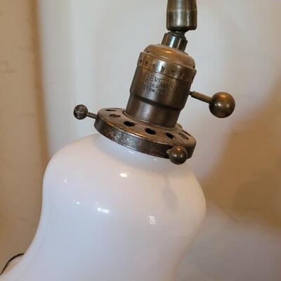 Lot 136: Antique Lamp with Milk Glass Ruffle Rim Shade with Black Ribbon Edge Detail 