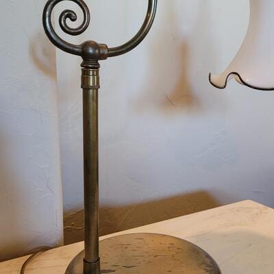 Lot 136: Antique Lamp with Milk Glass Ruffle Rim Shade with Black Ribbon Edge Detail 