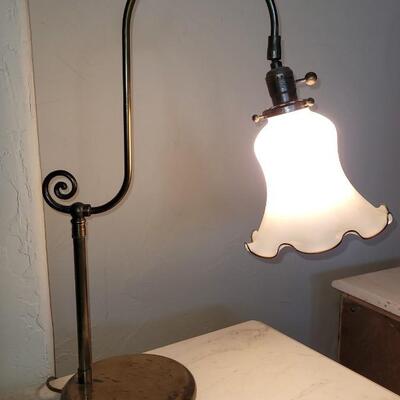 Lot 136: Antique Lamp with Milk Glass Ruffle Rim Shade with Black Ribbon Edge Detail 