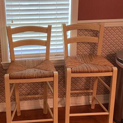 Two Wooden Barstools with Rush Seats