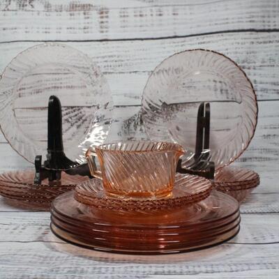 Vintage Fortecrisa Translucent Pink Swirl Depression Glass Dishware Set