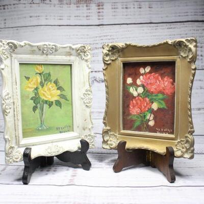 Two Vintage Small Floral Signed Acrylic Paintings 